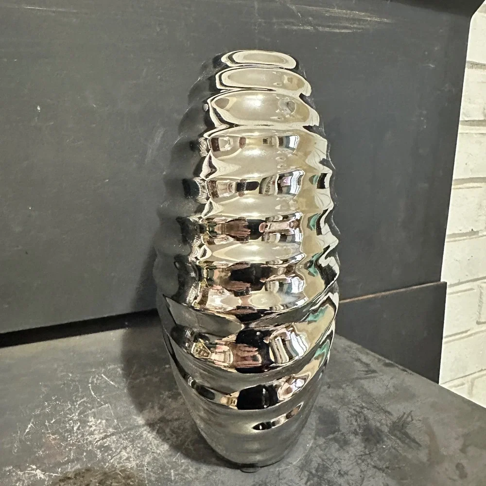 Sculptural Ribbed Ceramic Vase Chrome Silver Metallic Modernist Beehive 8.5in